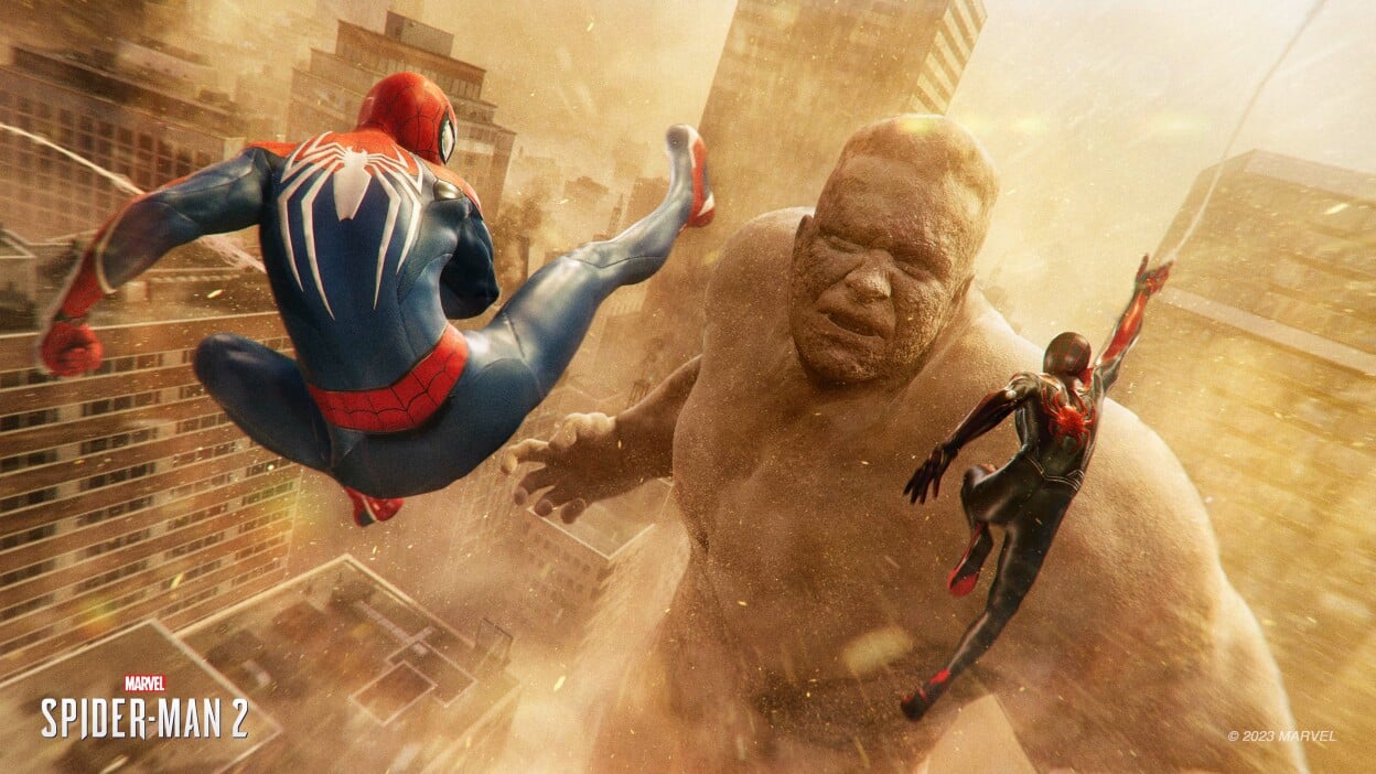 Peter and Miles fighting Sandman in 'Marvel's Spider-Man 2'