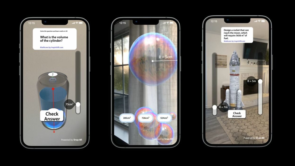 Three phone screens displaying three different augmented reality math and science lessons, including estimating volumes and building a rocket, 