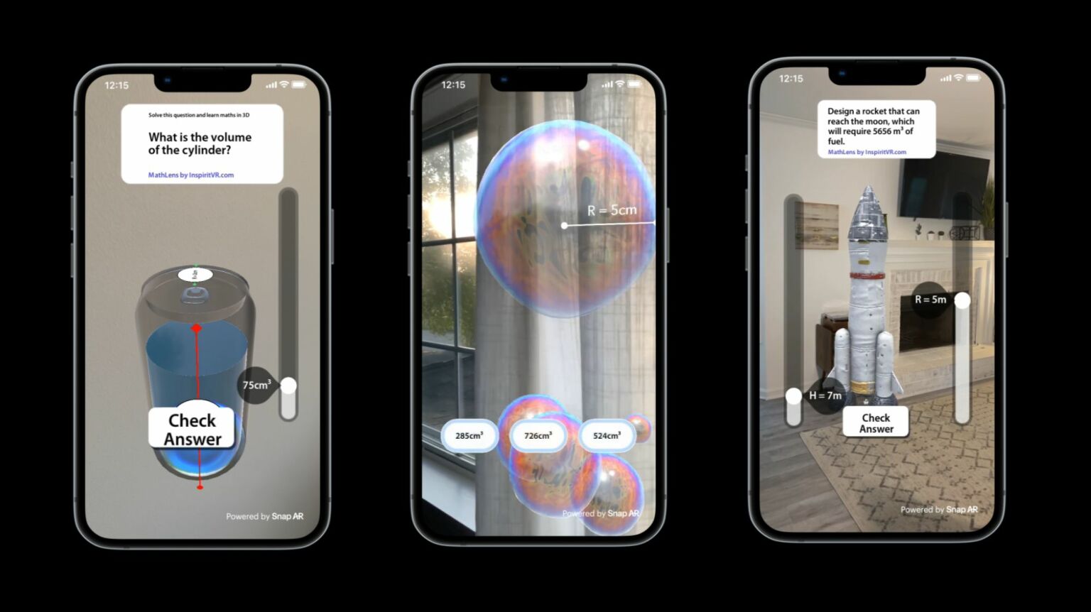 Three phone screens displaying three different augmented reality math and science lessons, including estimating volumes and building a rocket, 
