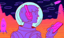 A woman astronaut listens to a podcast out in space.