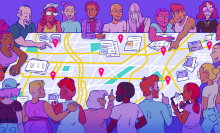 An illustration of a diverse group of people standing around a giant map.