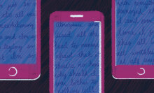 Illustrated text on mobile devices that indicates someone is feeling hopeless and overwhelmed. 