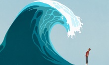 A illustrated person under a wave that's about to crash. 