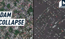 Satellite images show a piece of land before and after the flood caused by the dam's collapse.