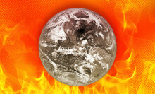 A black and white Earth with a fire background.