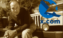 Elon Musk in 2000 and the X.com logo. 