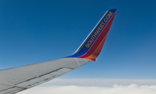 Southwest Airlines airplane wing in sky