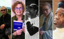 Five images: A man in sunglasses kneeling in a field, a woman in blue-rimmed glasses reading from a book, a man in a pinstriped Yankees baseball uniform playing the trumpet, a woman in a blue shawl giving a talk, a man in a white turtleneck combing his hair.