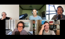 Five men in different screens wearing headphones on a video call.