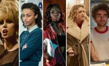 Five stills of characters from British TV shows streaming on Hulu.
