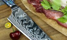 knife on cutting board, vegetables and meats