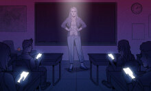 A disappointed teacher stands at the front of the classroom while her students scroll on their devices.