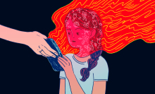 Illustrated version of a girl being handed a phone that's emanating a red cloud.