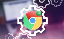 A Google Chrome logo inside the outline of a white gear. 