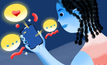 An illustration of a girl looking at her phone. Messaging ellipses and a "like" button heart are popping out of it.