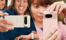 Pixel 8 Pro side by side with the Pixel 8 held by people