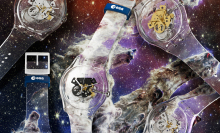 A collection of Swatch watches with bands featuring images taken by the James Webb Space Telescope.