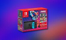 a nintendo switch box with depiction of mario kart 8 on the cover on a colorful purple background