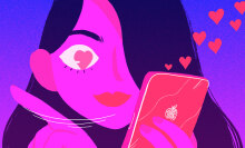 Illustration of woman holding a phone, love hearts emanating from the screen