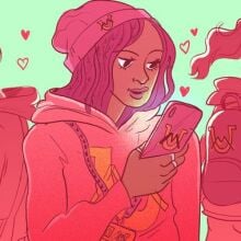 Illustration of three people on their phones with hearts around their heads.