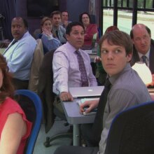 The cast of "The Office" together on a bus.