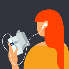 illustration of a person looking at their phone, which resembles a book. they are wearing headphones and have red hair and a yellow shirt.