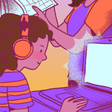 An illustration of a child wearing headphones and using a laptop.