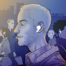 A drawing of a man in the foreground with wireless headphones on, in a busy area with many others with wireless headphones on in the background. 