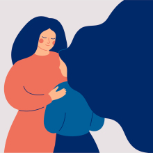 An illustration of a woman looking at her young daughter. 
