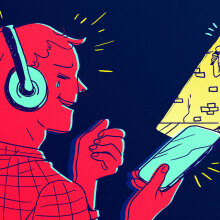 Illustration of a person listening to a comedy podcast. 