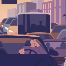 An illustration of a man looking annoyed as he sits in car traffic.