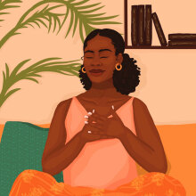 An illustration of a Black woman calmly placing her hands on her heart.