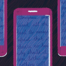 Illustrated text on mobile devices that indicates someone is feeling hopeless and overwhelmed. 