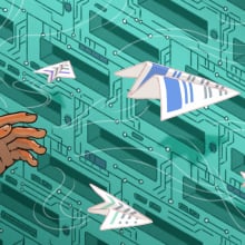 A hand throws paper airplanes made from resumes across a green tech-themed background pattern