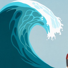 A illustrated person under a wave that's about to crash. 