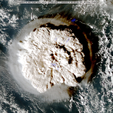 A satellite image showing the tremendous plume from Tonga's Hunga Volcano in early 2022.