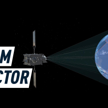 A render of a satellite in space appearing to scan the Earth. Caption reads: Storm Detector