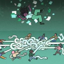 An illustration of a laid-off worker falling into a tangled net of cords and wires held by a supportive community
