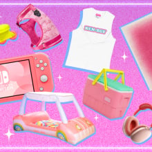a sparkly pink composite of barbiecore products against a grainy pink background