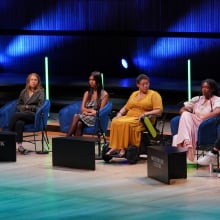 left to right) Ati Viviam Villafana, Greta Thunberg, Mya-Rose Craig and Daphne Frias, Dominique Palmer, Tori Tsui and Alice Aedy in discussion on stage at The Climate Conversation at the Royal Festival Hall, London, where climate activists are meeting to take stock and examine what progress has been made since COP26, ahead of COP28 later this year. Picture date: Sunday July 30, 2023.