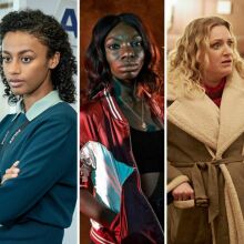 Five stills of characters from British TV shows streaming on Hulu.
