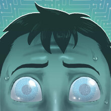 Cartoon version of a man sweating, with panicked eyes, with a maze behind him.