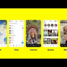Screenshots of Snapchat homepages on a yellow background.