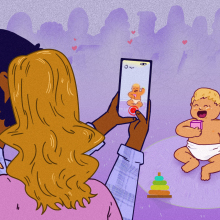 Illustration of parents recording video of a baby in front of a purple background representing a social media audience