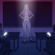 A disappointed teacher stands at the front of the classroom while her students scroll on their devices.