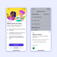 Two screenshots of the Lyft Women Connect preference settings.