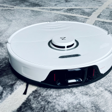 close-up view of the roborock s8+ cleaning a carpet