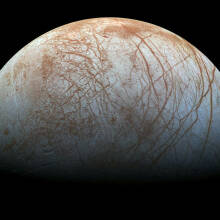The cracked ice shell of Jupiter's moon Europa.