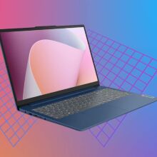 lenovo laptop on geometric grid and blue-orange background