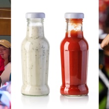composite image of taylor swift at the chiefs game, bottles of ranch and ketchup, travis kelce